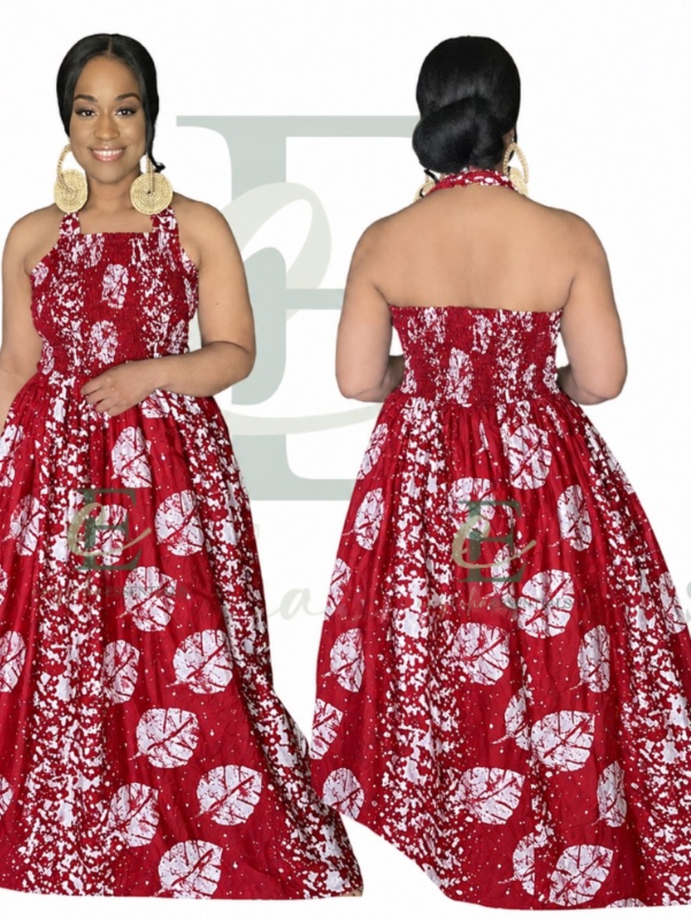 Red Batik Print Halter Long Maxi Dress